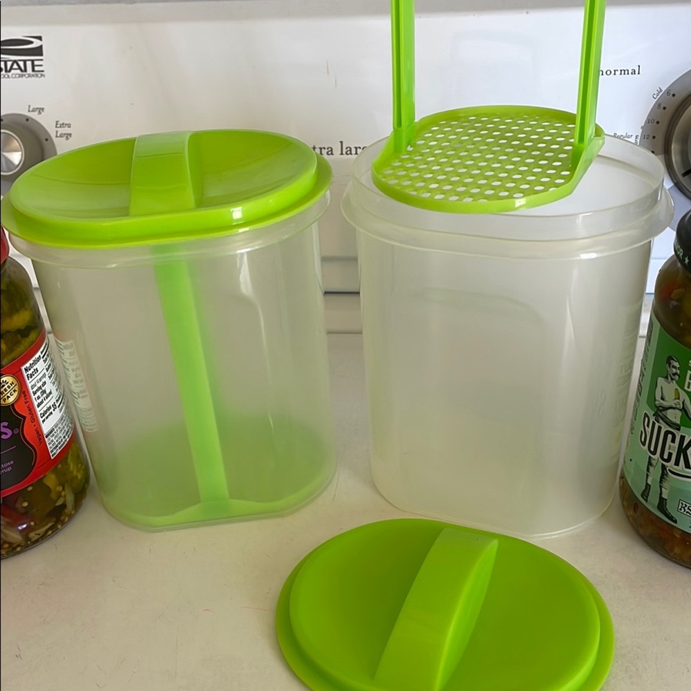 Two Green Pickle Container’s with Strainer NWOT